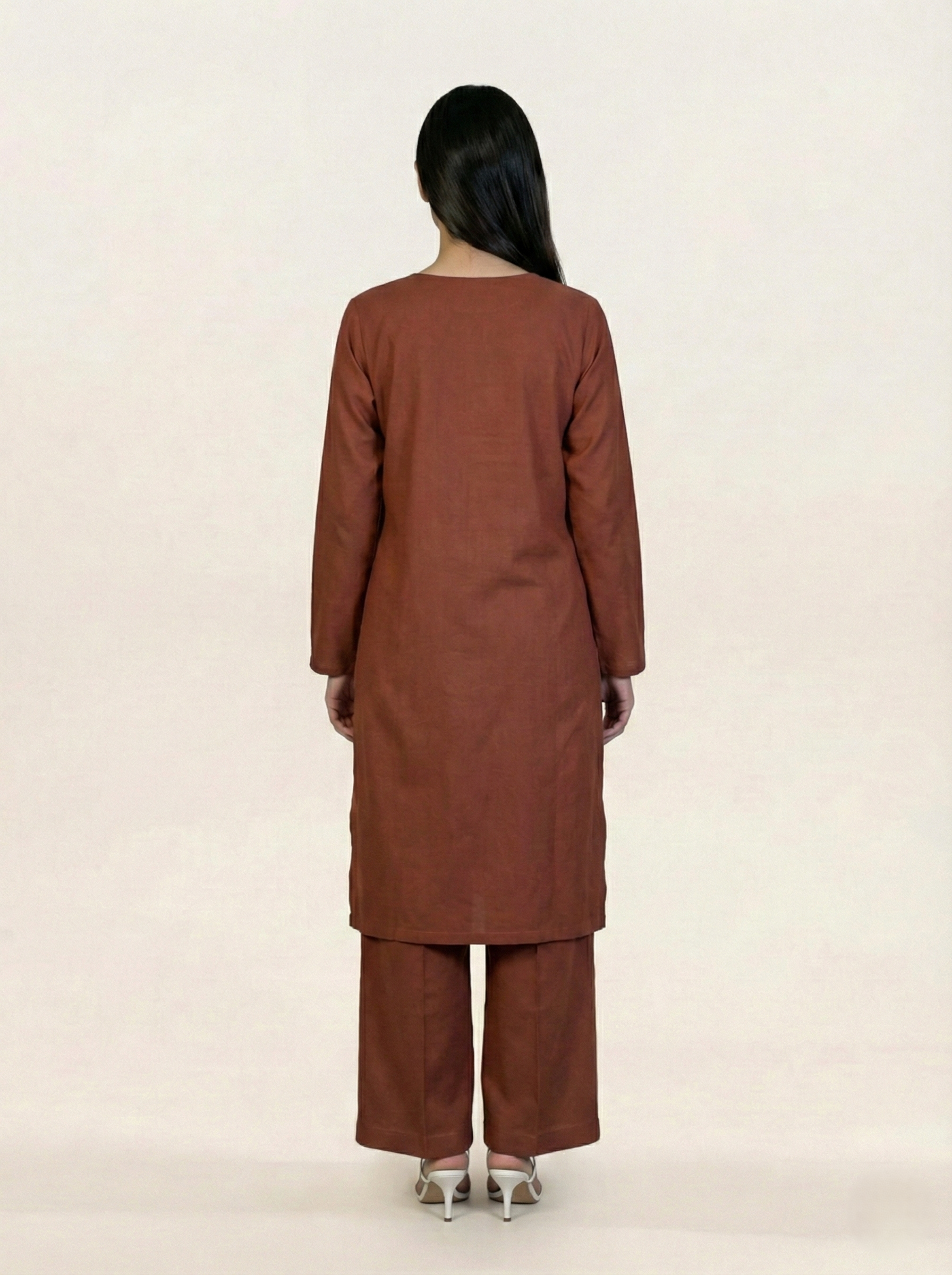 Linen Embroidered 2 Piece Suit Solid Rust