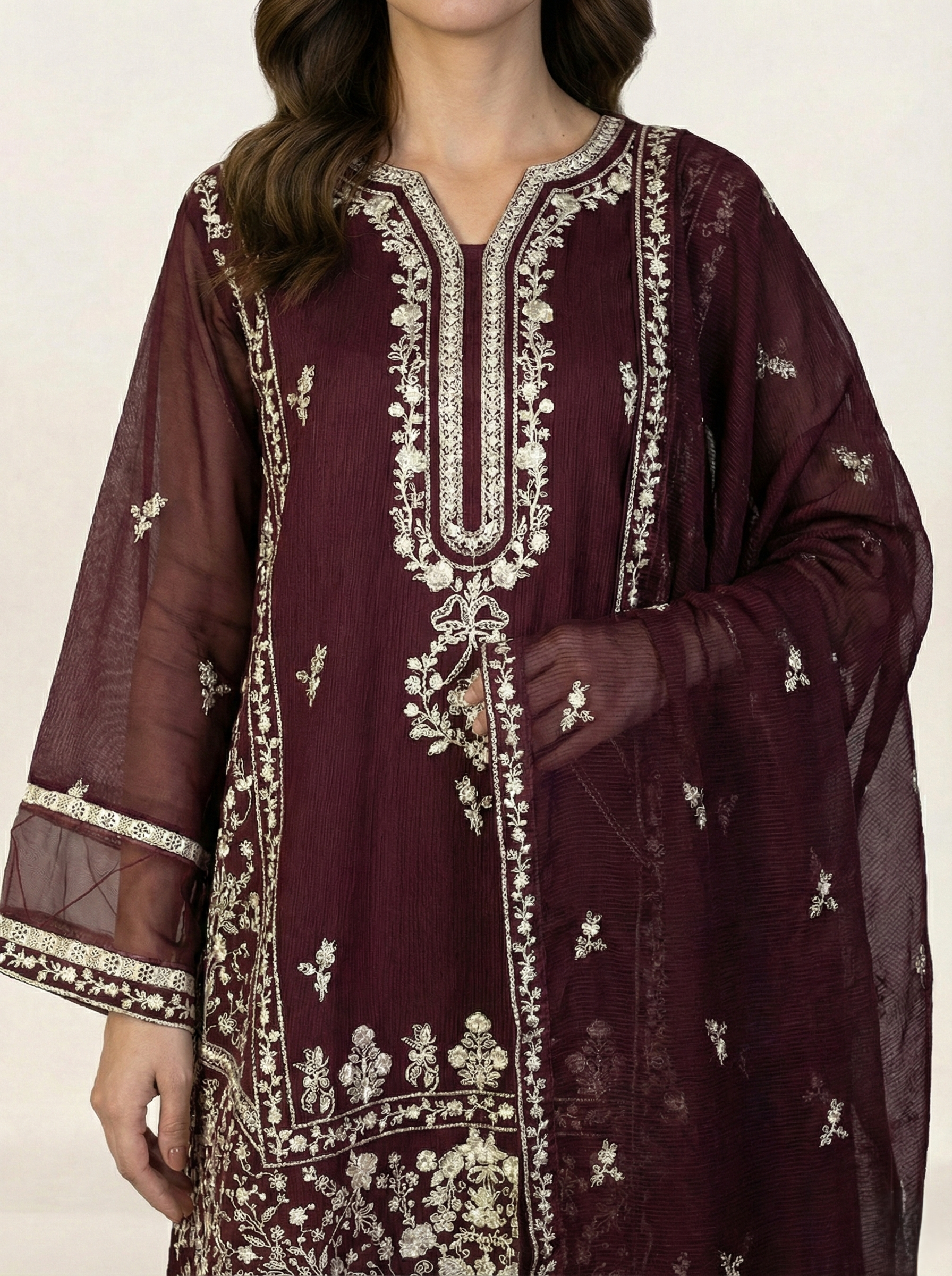Embroidered Khaadi-Net Kurta and Dupatta Maroon