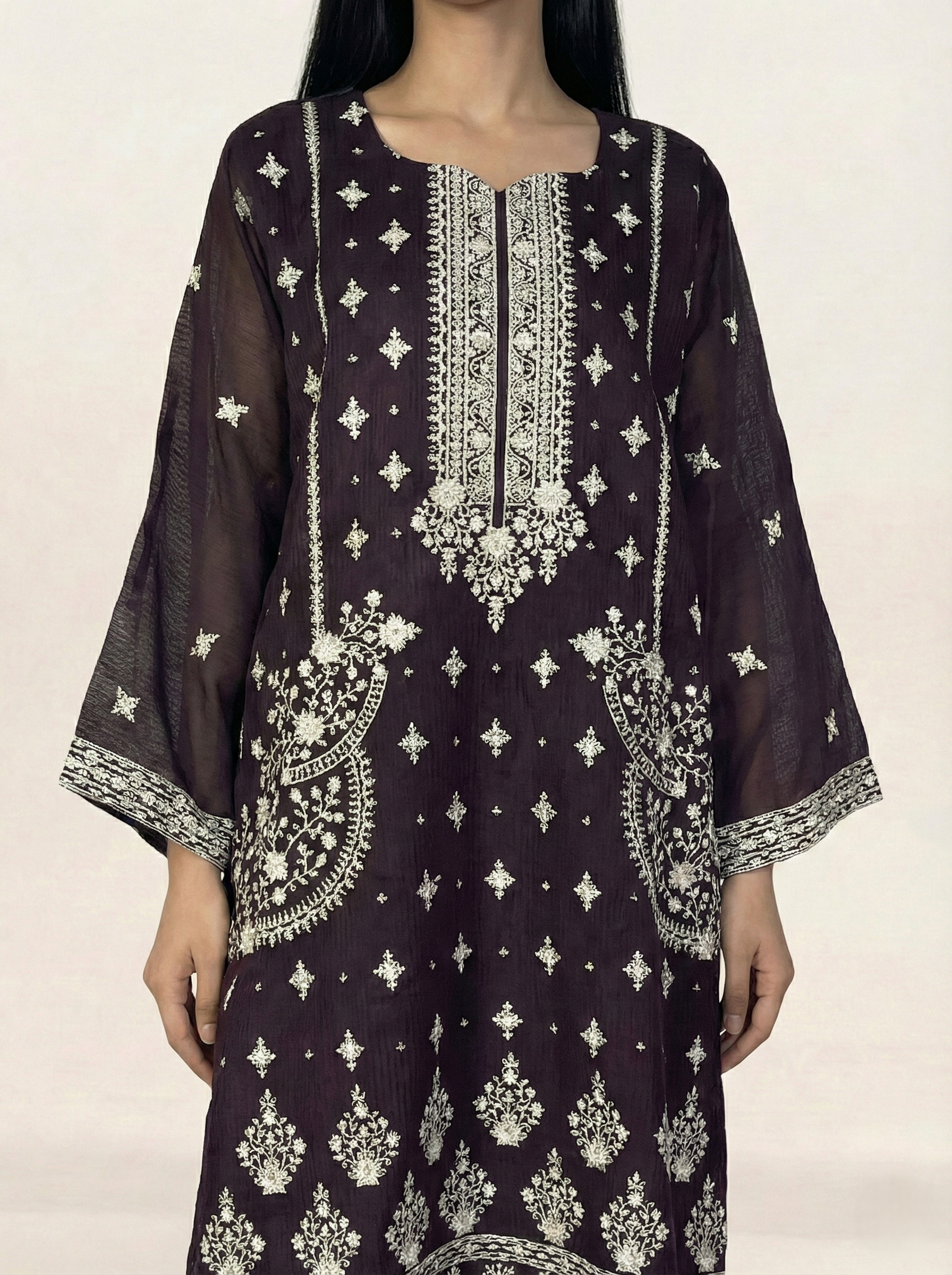 Embroidered Khaadi-Net Kurta Dupatta Purple