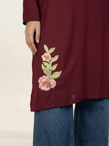 Embroidered Linen Red Kurti