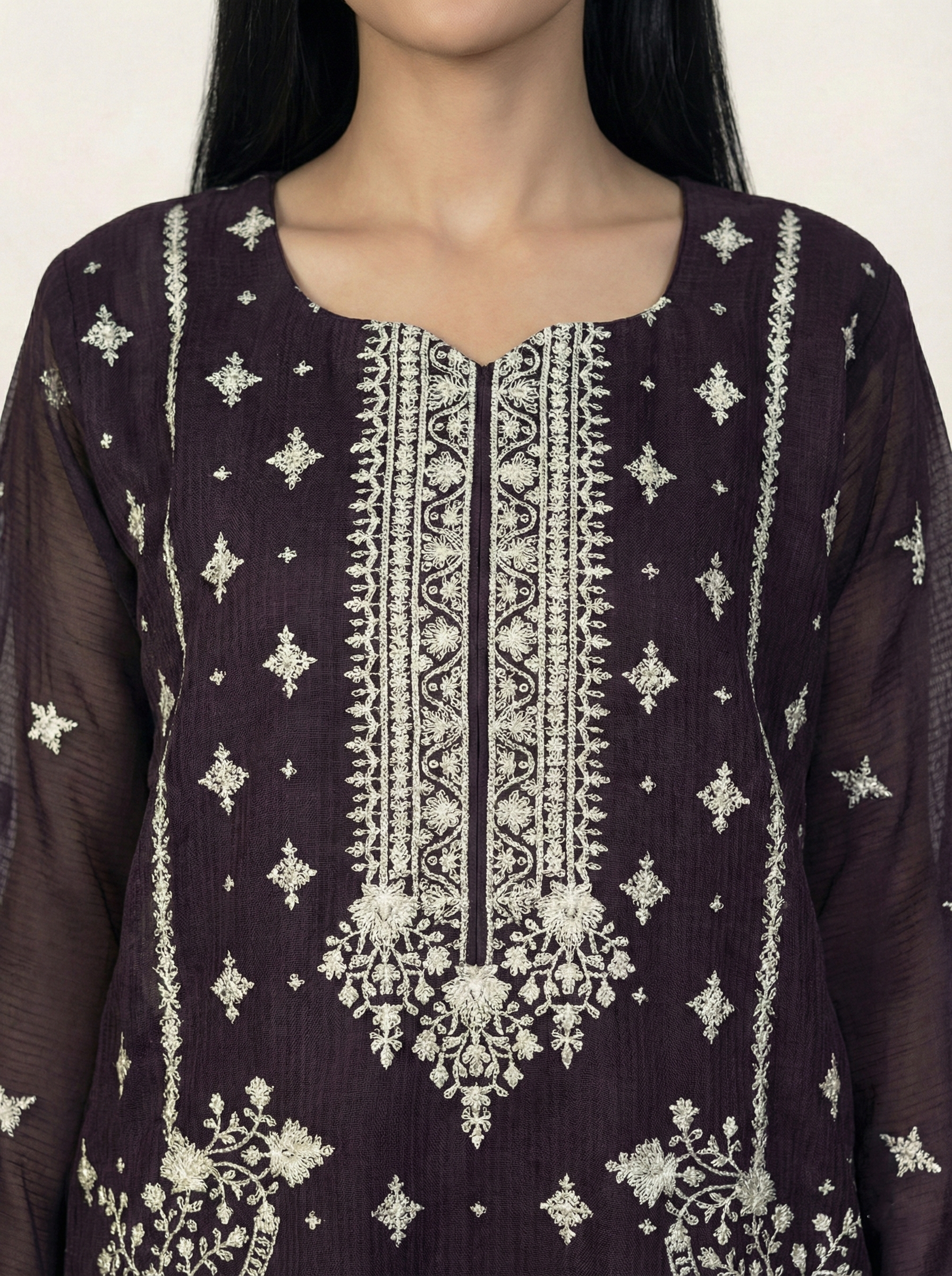 Embroidered Khaadi-Net Kurta Dupatta Purple
