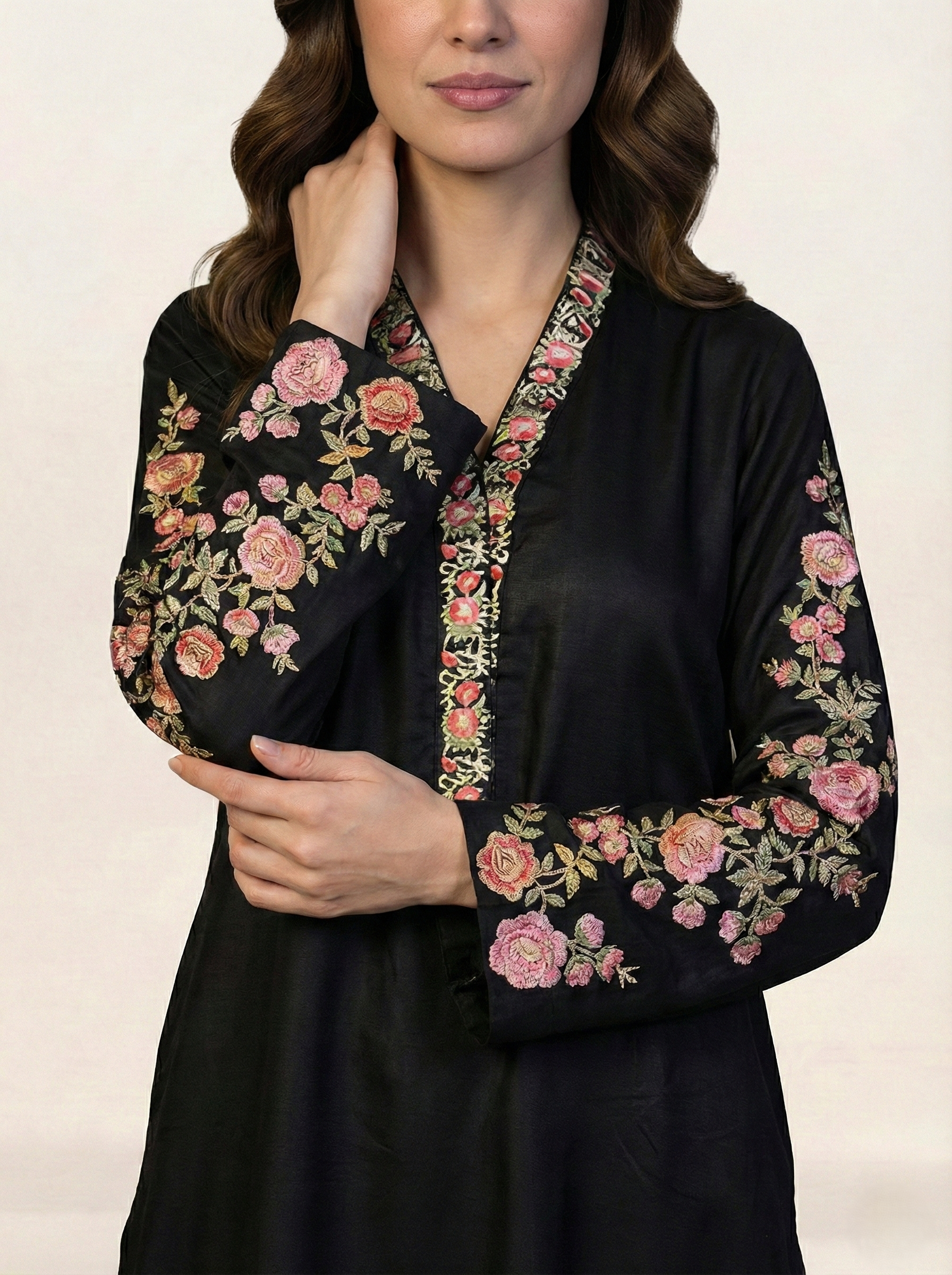 Embroidered Black Silk Suit (2-Piece)