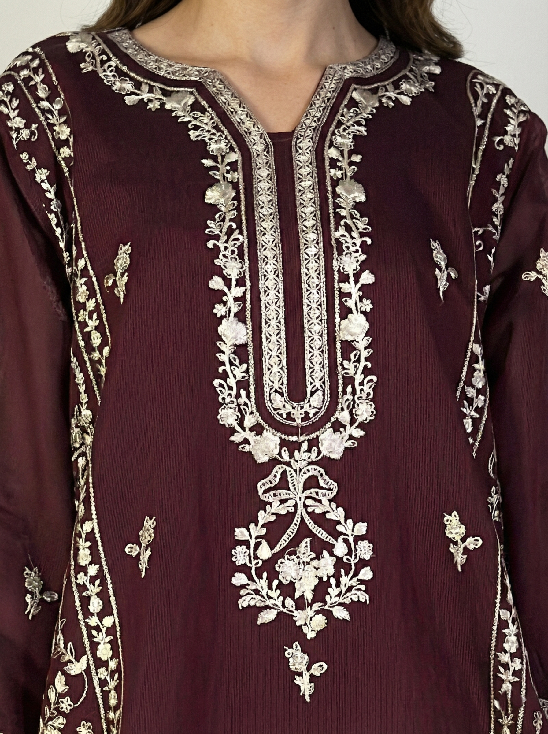 Embroidered Khaadi-Net Kurta and Dupatta Maroon