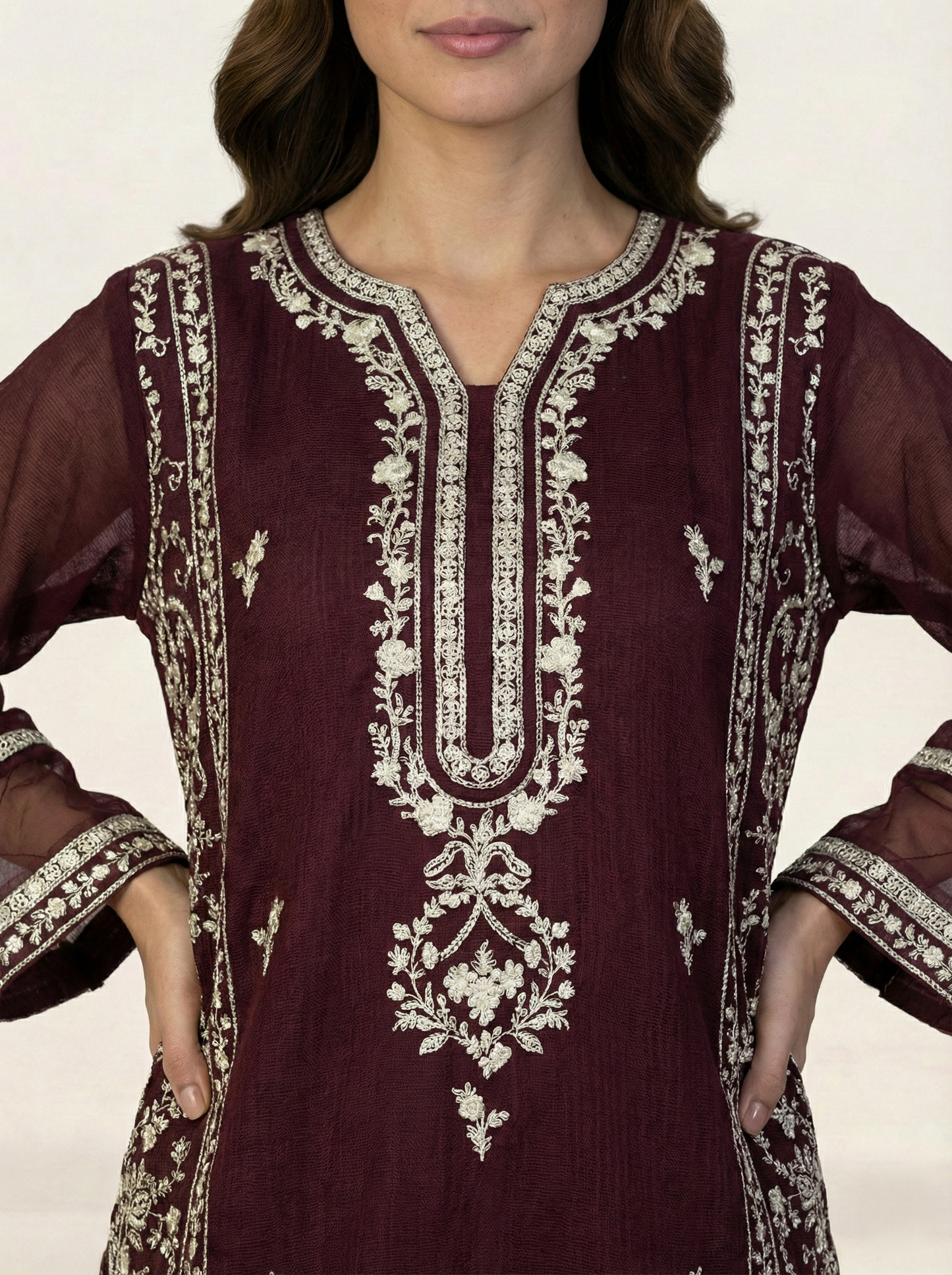 Embroidered Khaadi-Net Kurta and Dupatta Maroon