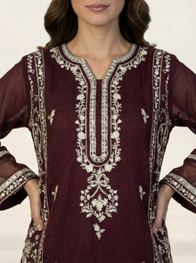Embroidered Khaadi-Net Kurta and Dupatta Maroon
