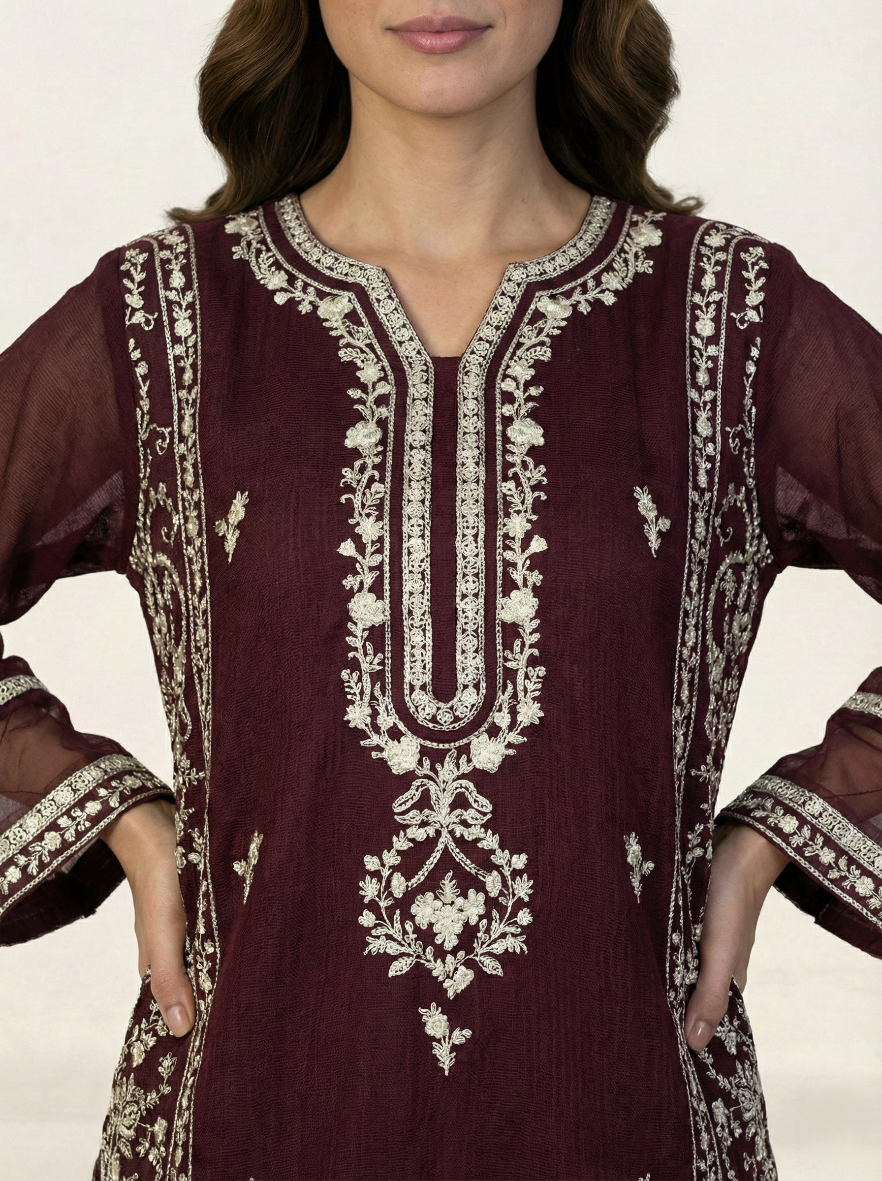 Embroidered Khaadi-Net Kurta and Dupatta Maroon