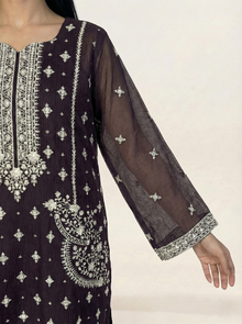 Embroidered Khaadi-Net Kurta Dupatta Purple