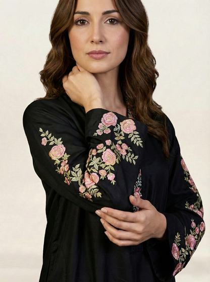 Embroidered Black Silk Suit (2-Piece)