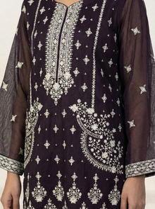 Embroidered Khaadi-Net Kurta Dupatta Purple