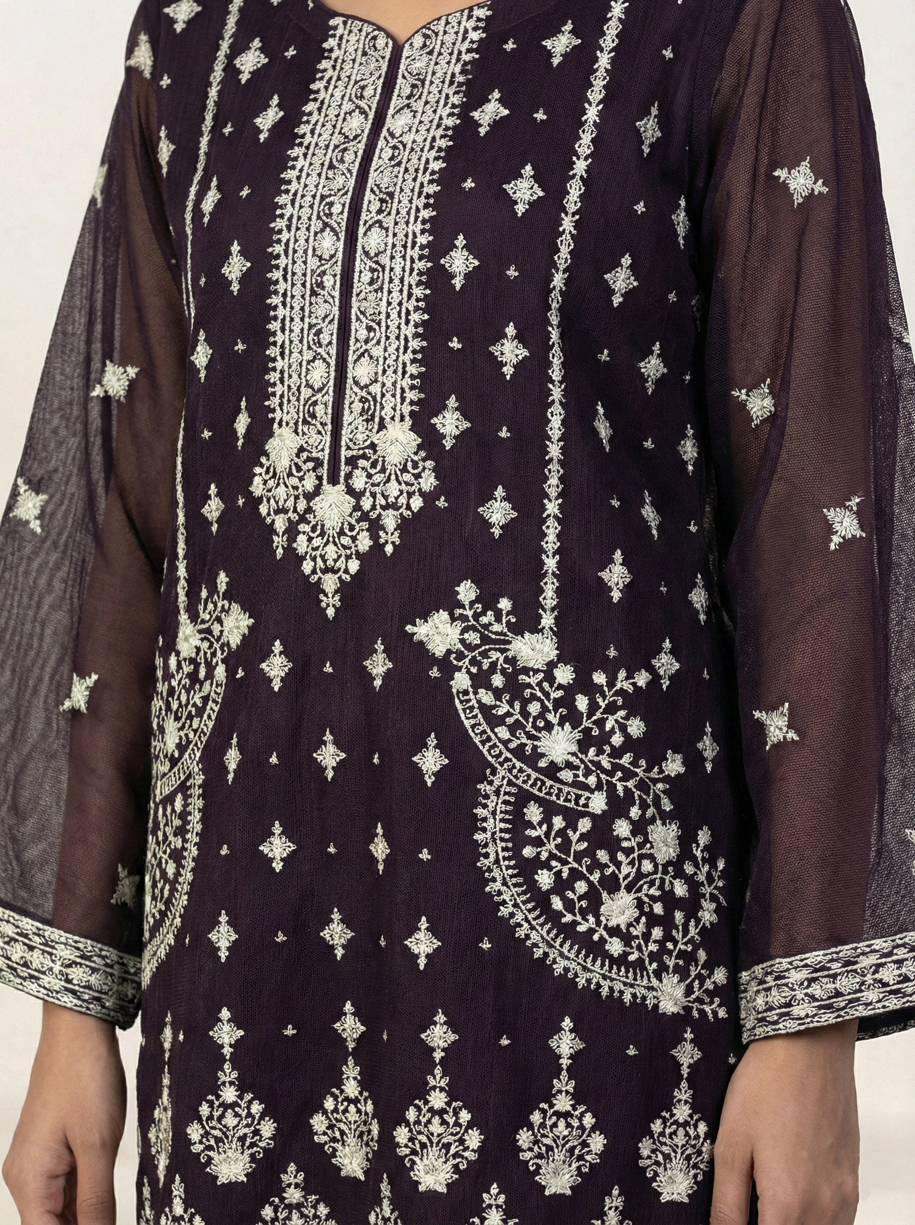 Embroidered Khaadi-Net Kurta Dupatta Purple