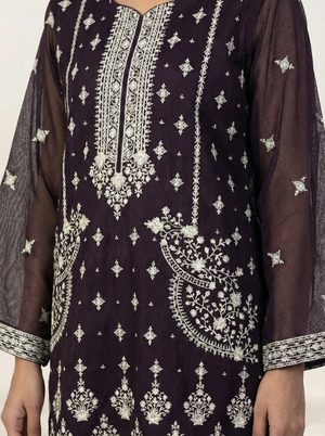 Embroidered Khaadi-Net Kurta Dupatta Purple