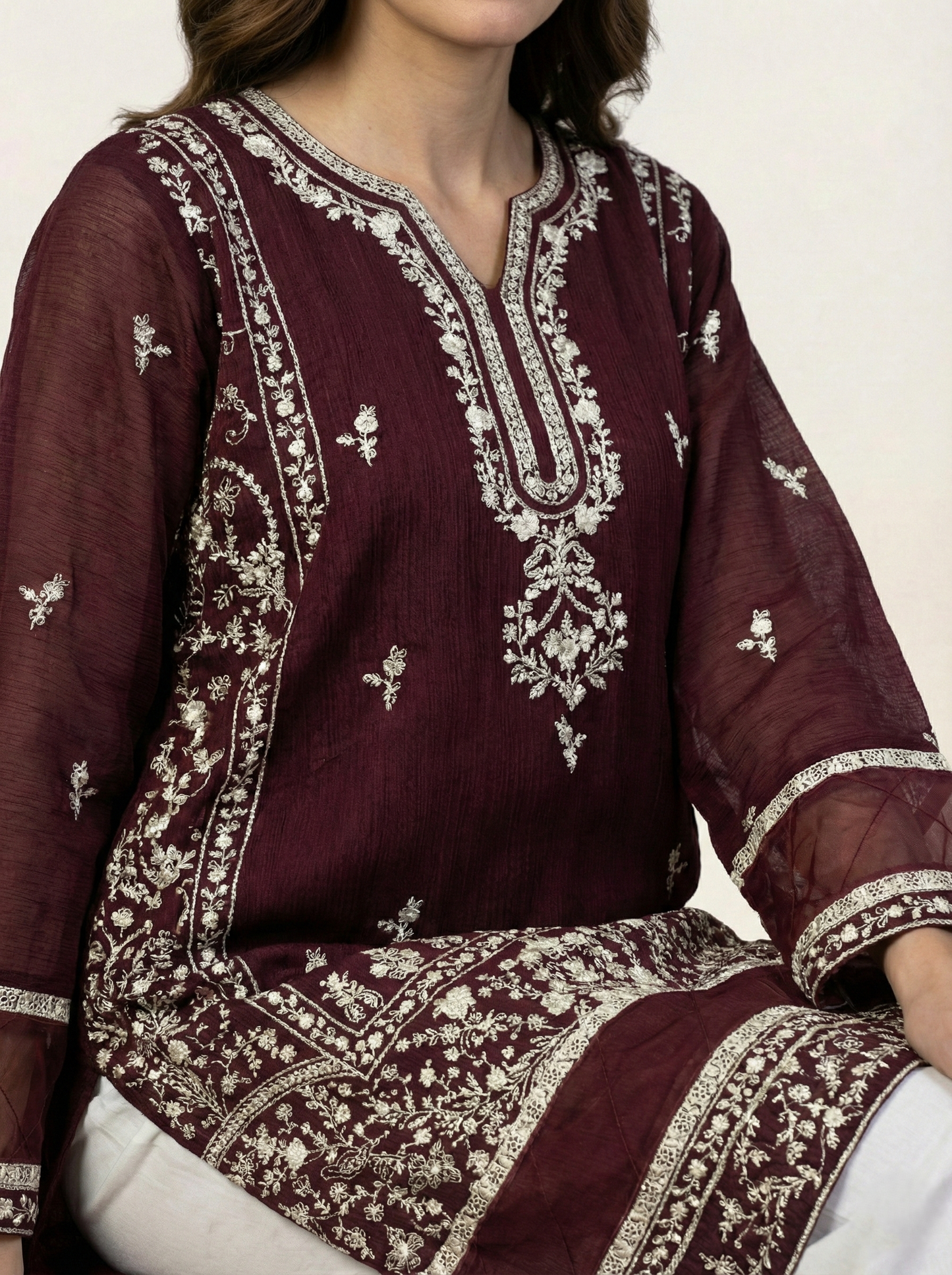 Embroidered Khaadi-Net Kurta and Dupatta Maroon