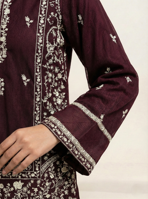 Embroidered Khaadi-Net Kurta and Dupatta Maroon