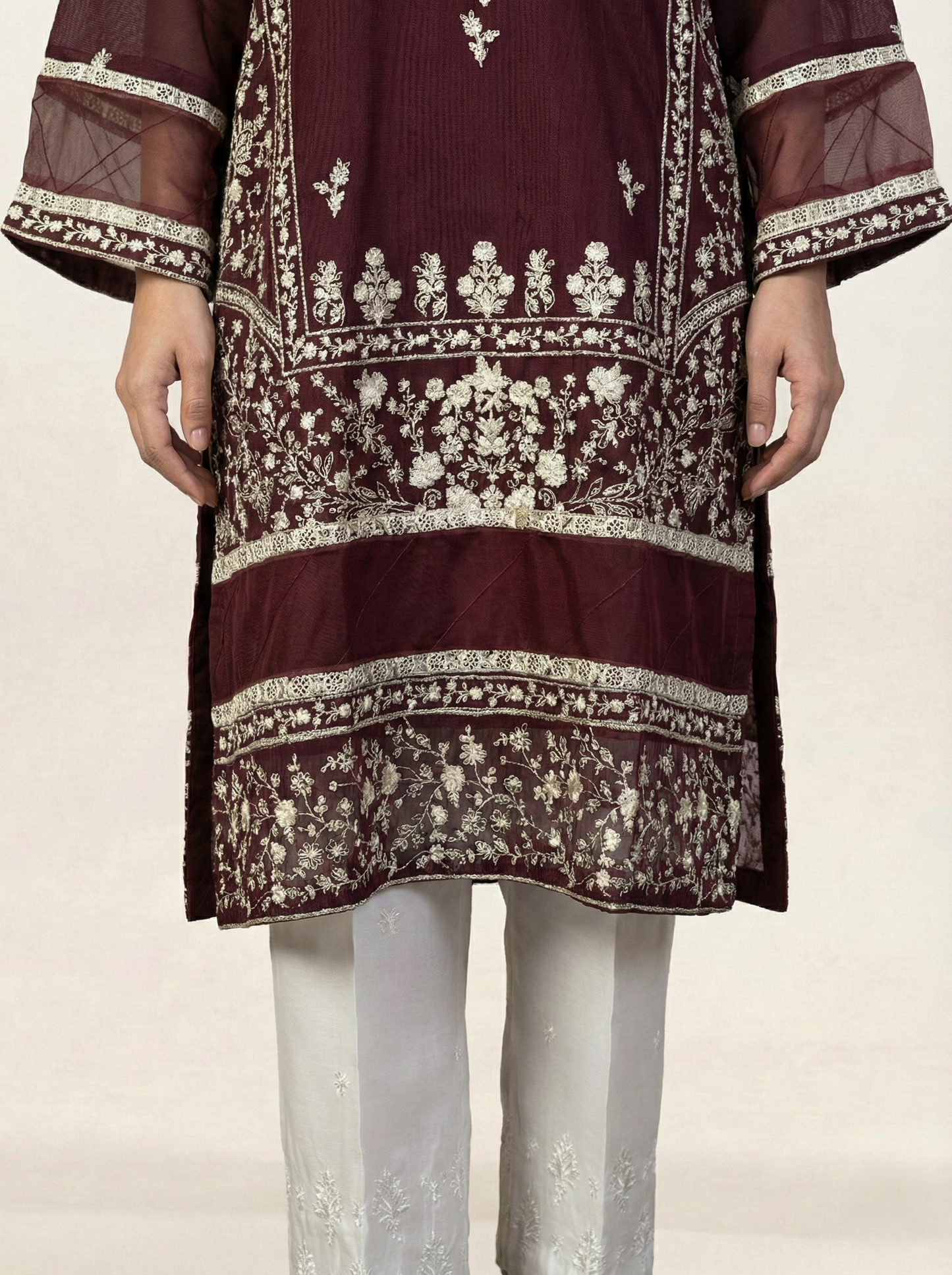 Embroidered Khaadi-Net Kurta and Dupatta Maroon