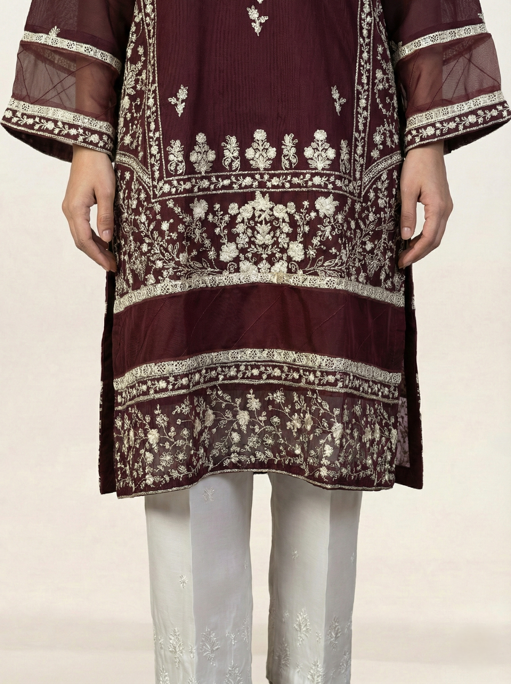 Embroidered Khaadi-Net Kurta and Dupatta Maroon