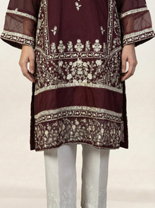 Embroidered Khaadi-Net Kurta and Dupatta Maroon