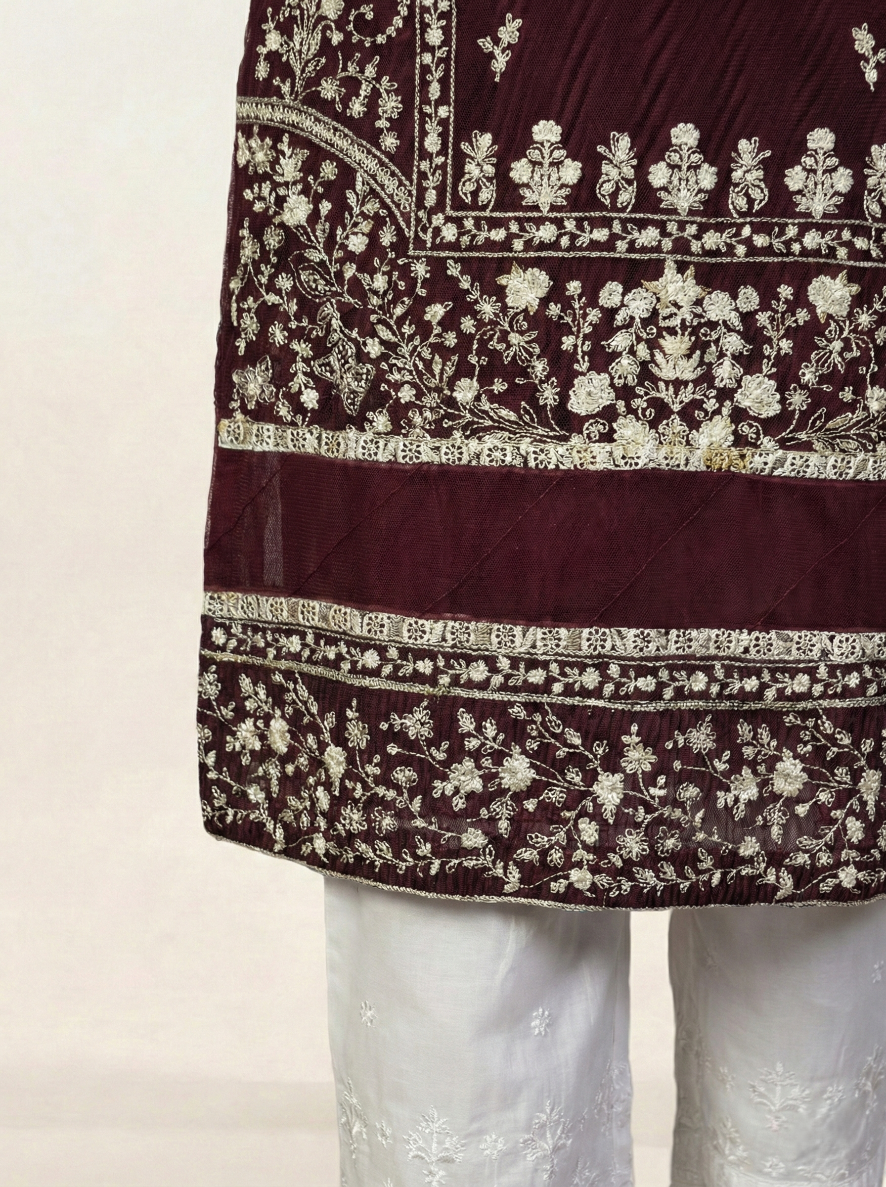 Embroidered Khaadi-Net Kurta and Dupatta Maroon