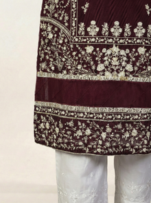 Embroidered Khaadi-Net Kurta and Dupatta Maroon