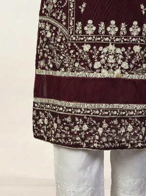 Embroidered Khaadi-Net Kurta and Dupatta Maroon