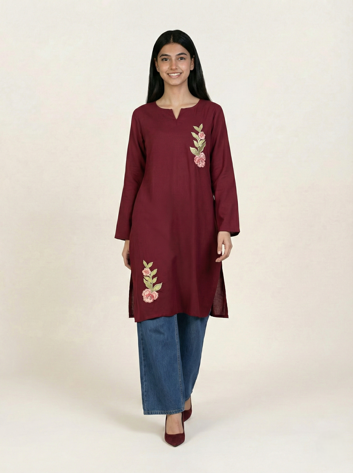 Embroidered Linen Red Kurti