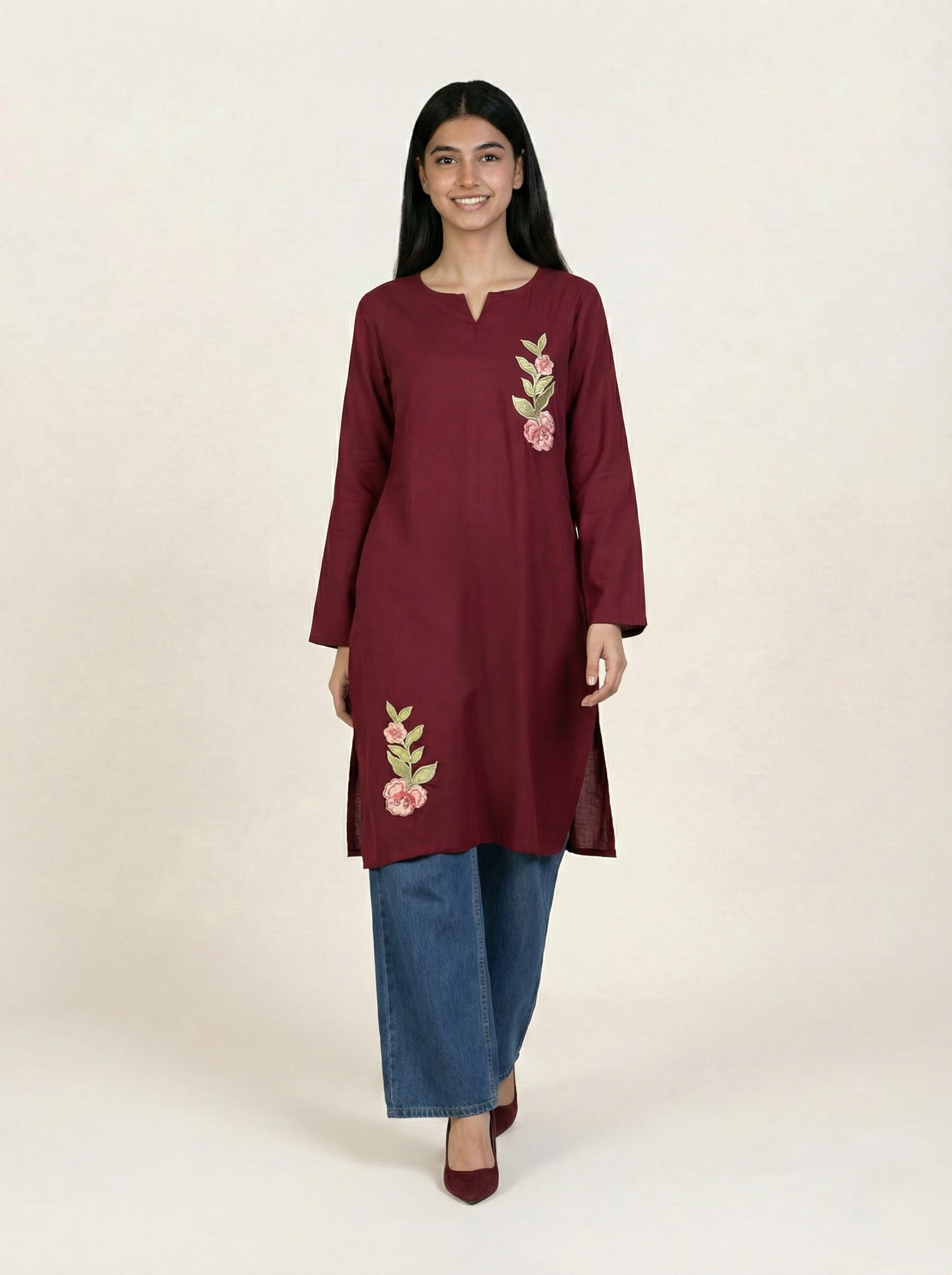 Embroidered Linen Red Kurti