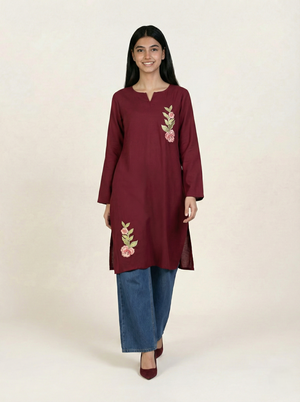 Embroidered Linen Red Kurti