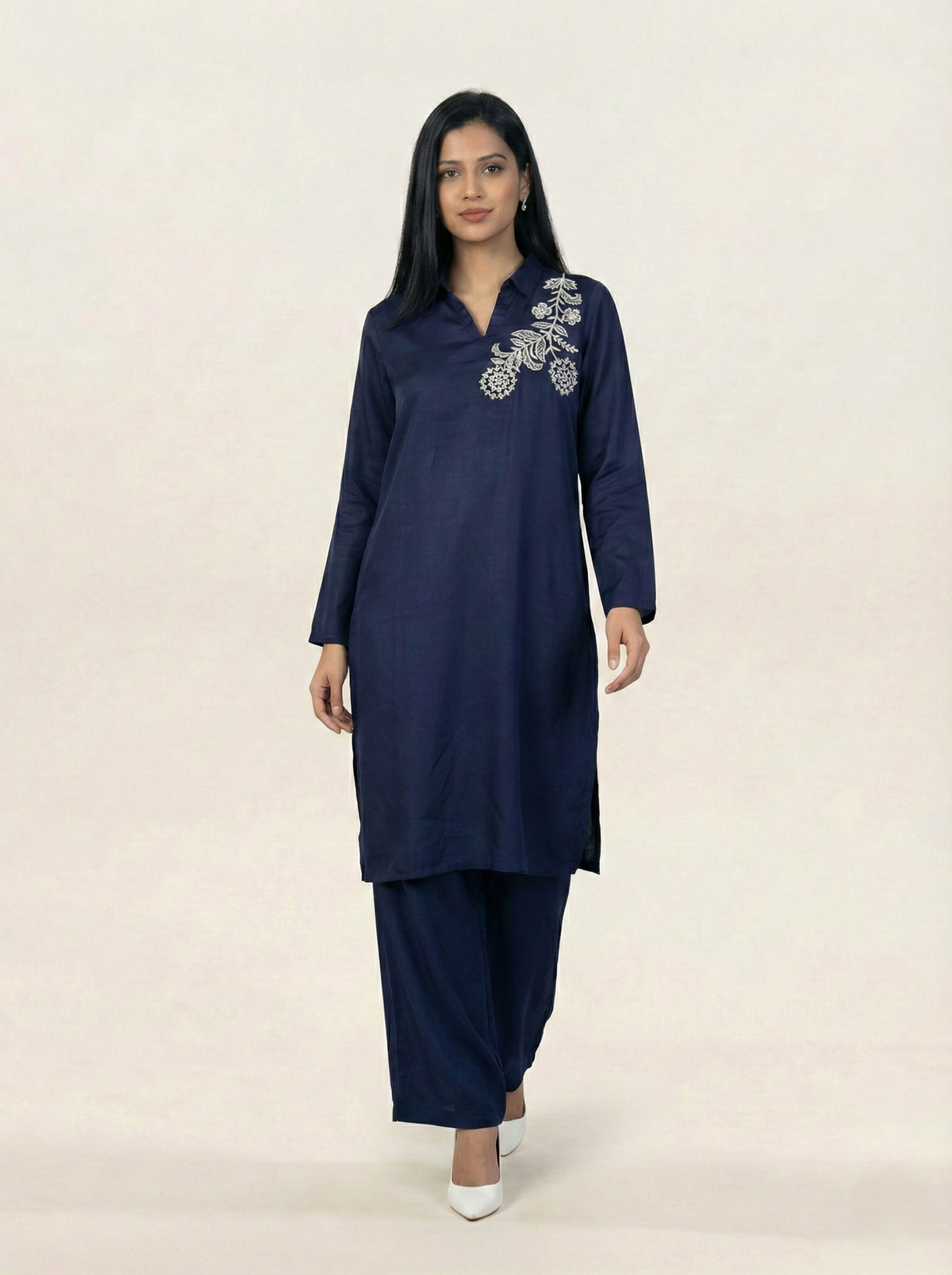 Embroidered Navy Blue Silk Suit (2-Piece)