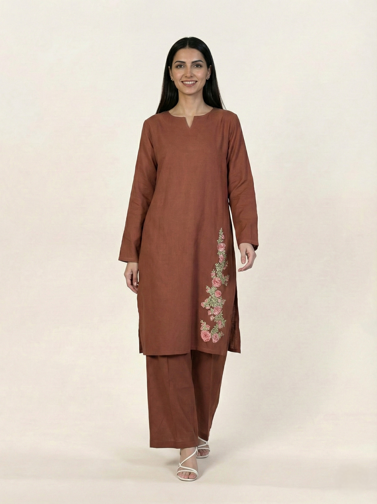 Linen Embroidered 2 Piece Suit Solid Rust