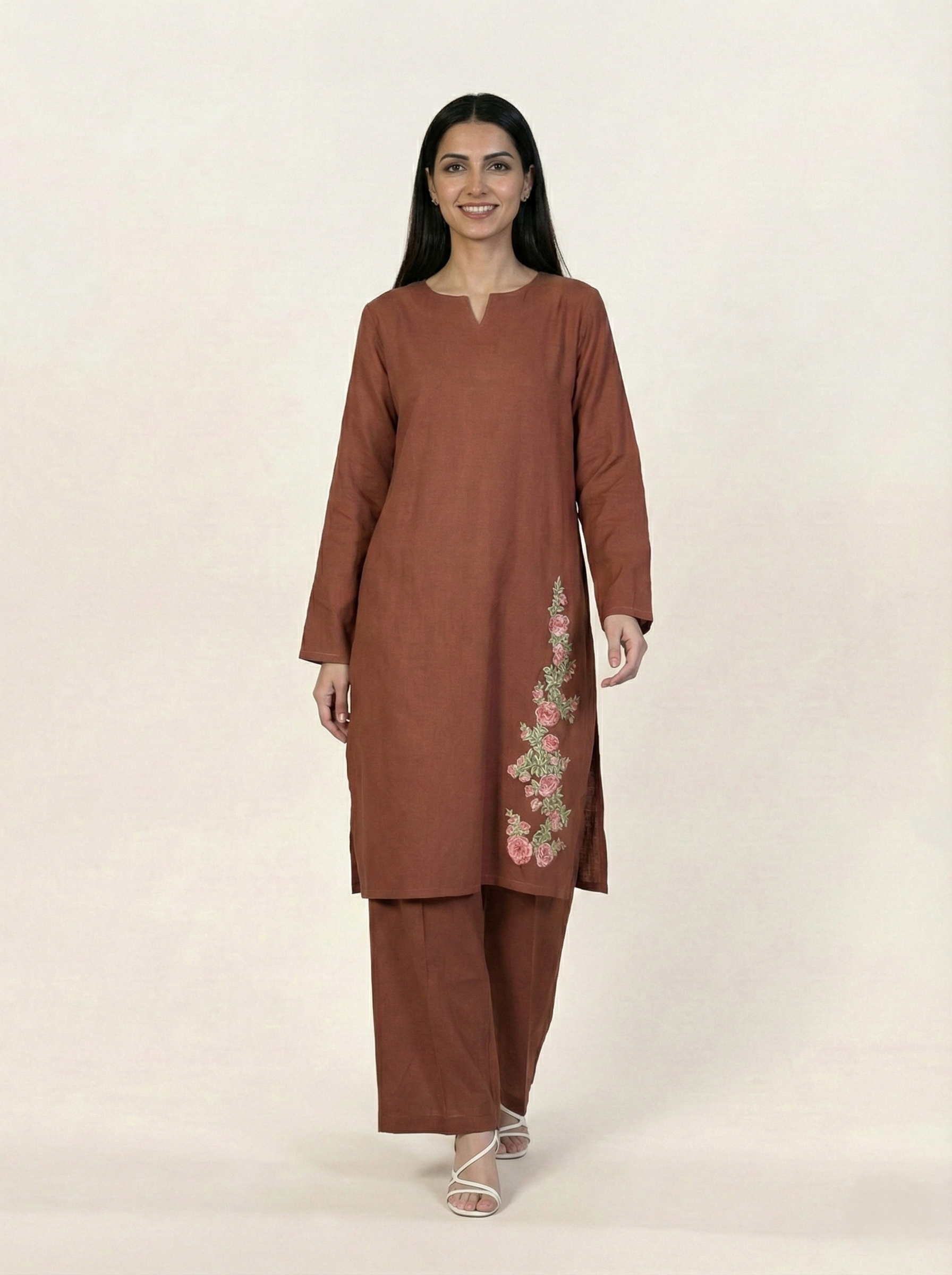 Linen Embroidered 2 Piece Suit Solid Rust