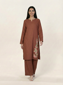 Linen Embroidered 2 Piece Suit Solid Rust