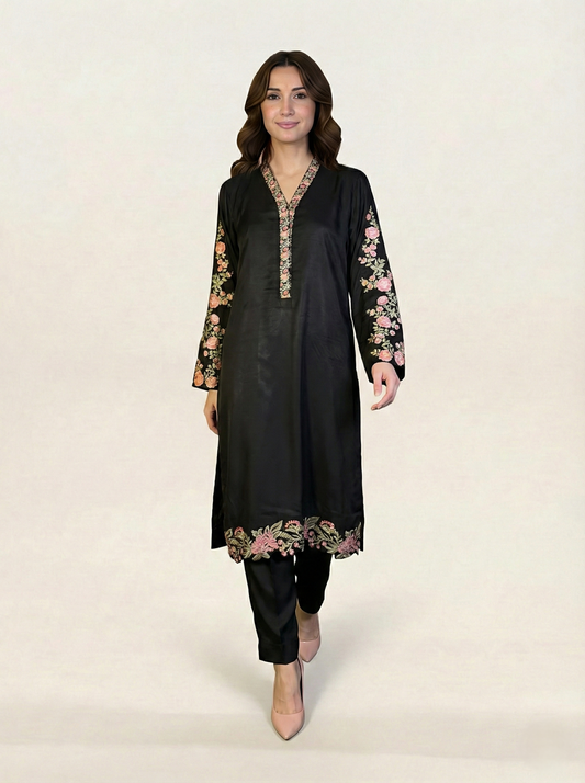 Embroidered Black Silk Suit (2-Piece)