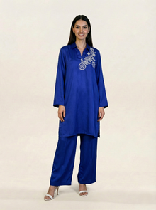Embroidered Royal Blue Silk Suit (2-Piece)
