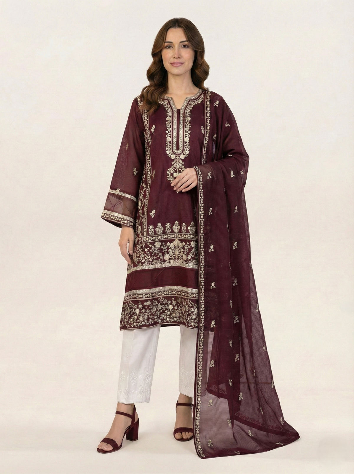 Embroidered Khaadi-Net Kurta and Dupatta Maroon