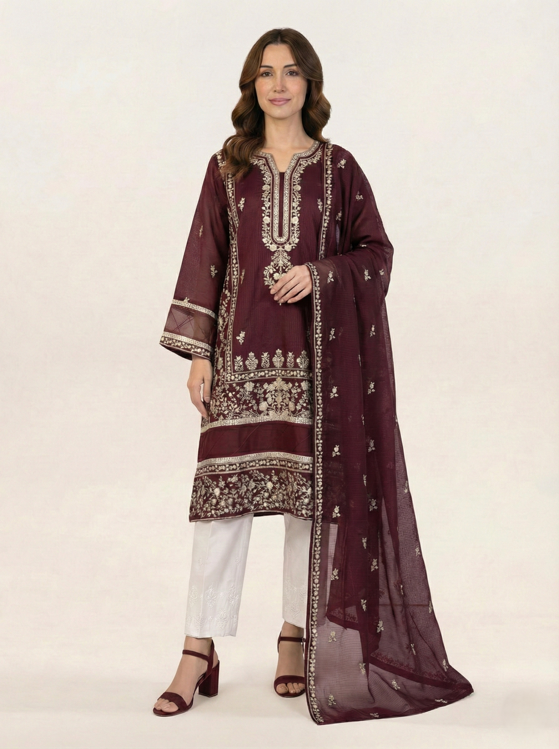 Embroidered Khaadi-Net Kurta and Dupatta Maroon