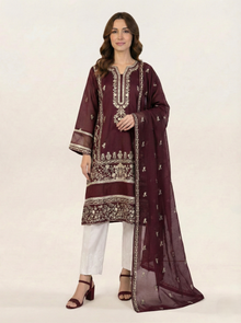 Embroidered Khaadi-Net Kurta and Dupatta Maroon