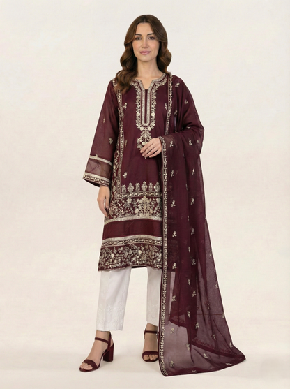 Embroidered Khaadi-Net Kurta and Dupatta Maroon