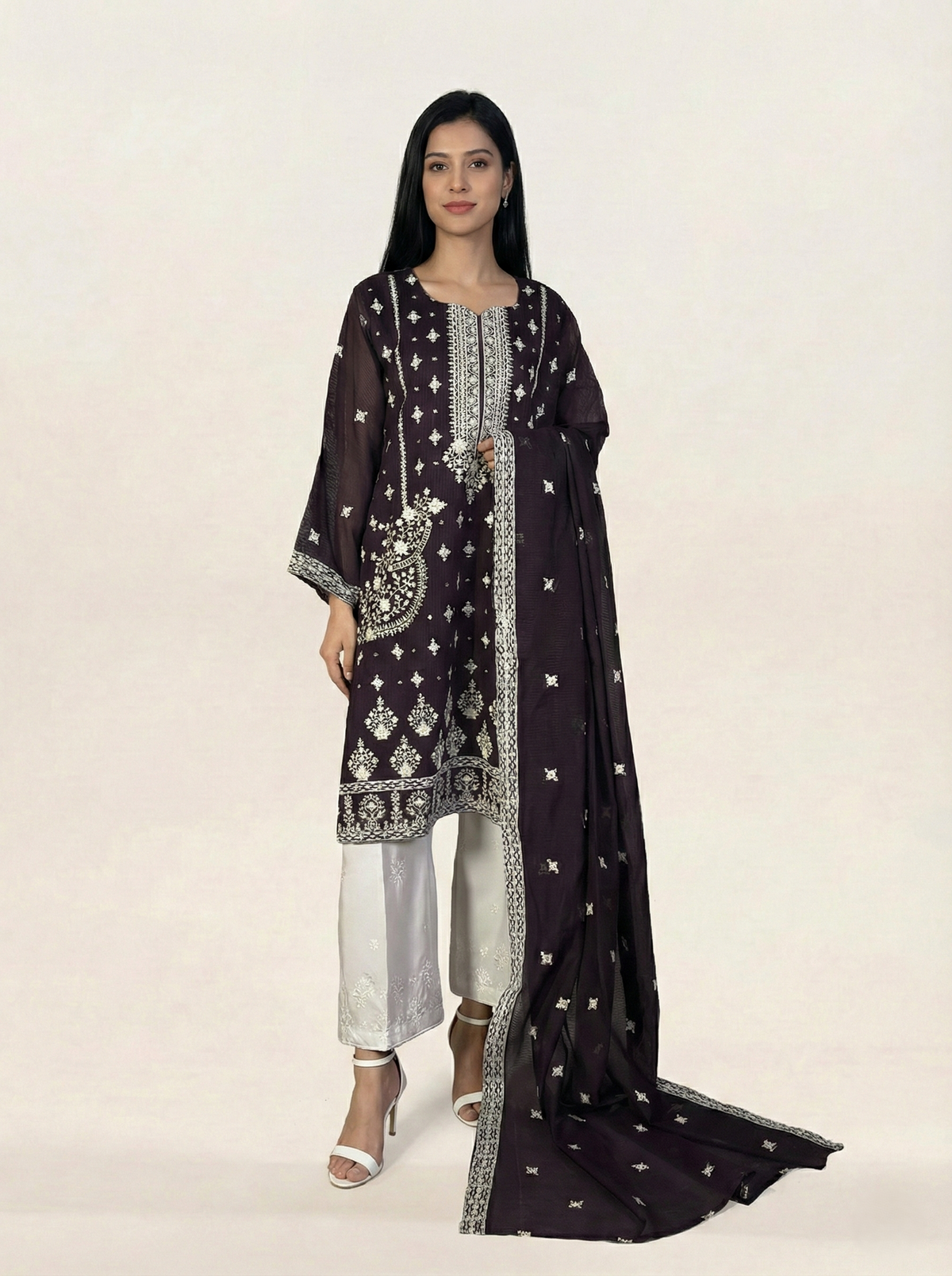 Embroidered Khaadi-Net Kurta Dupatta Purple