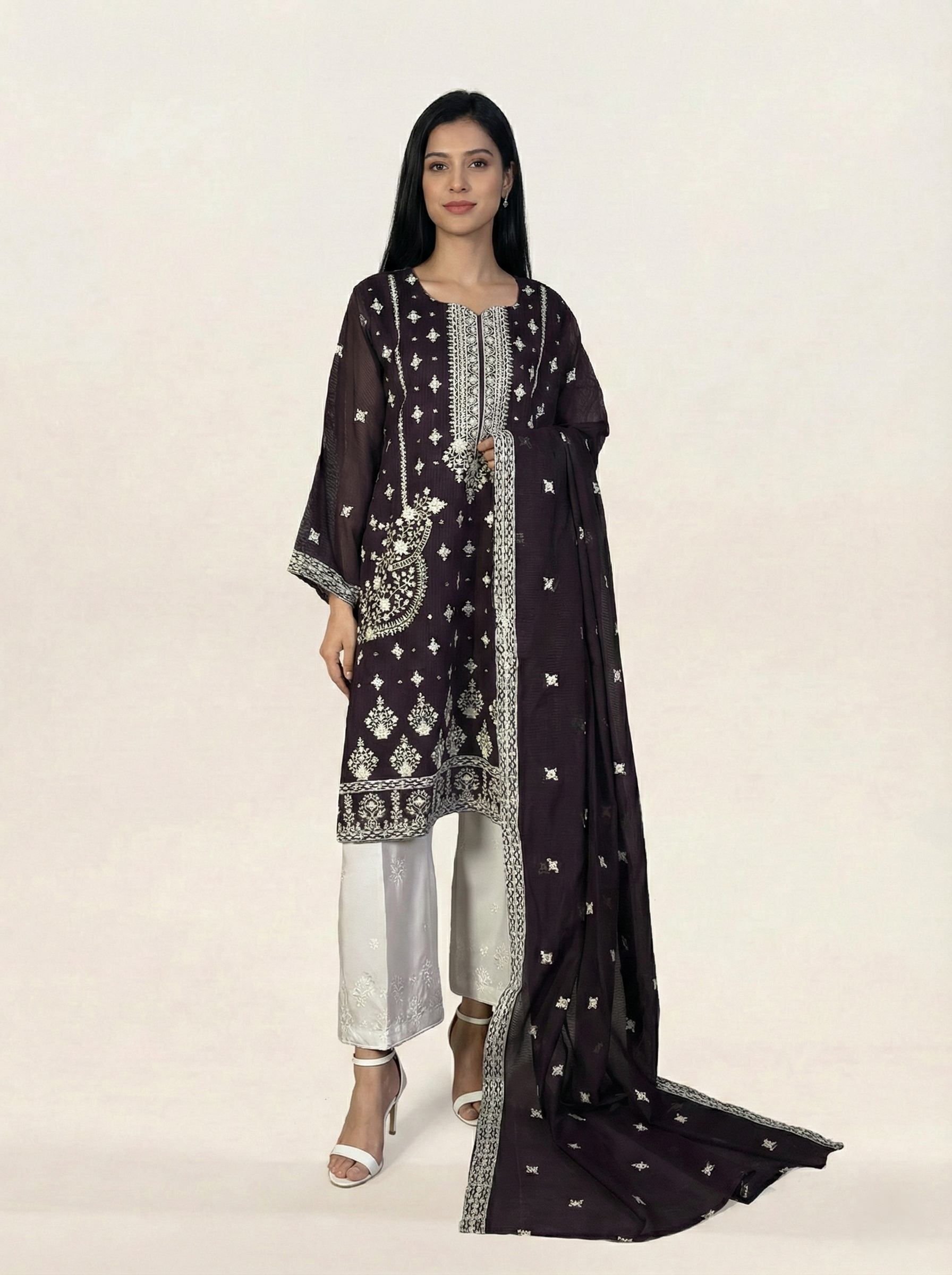 Embroidered Khaadi-Net Kurta Dupatta Purple