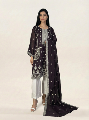 Embroidered Khaadi-Net Kurta Dupatta Purple