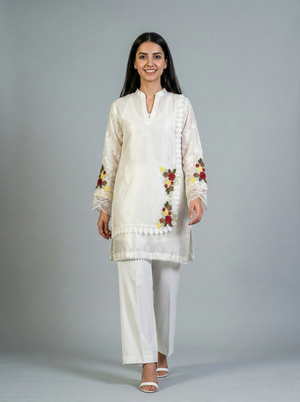 Embroidered Off-White Sheesha Silk Shirt