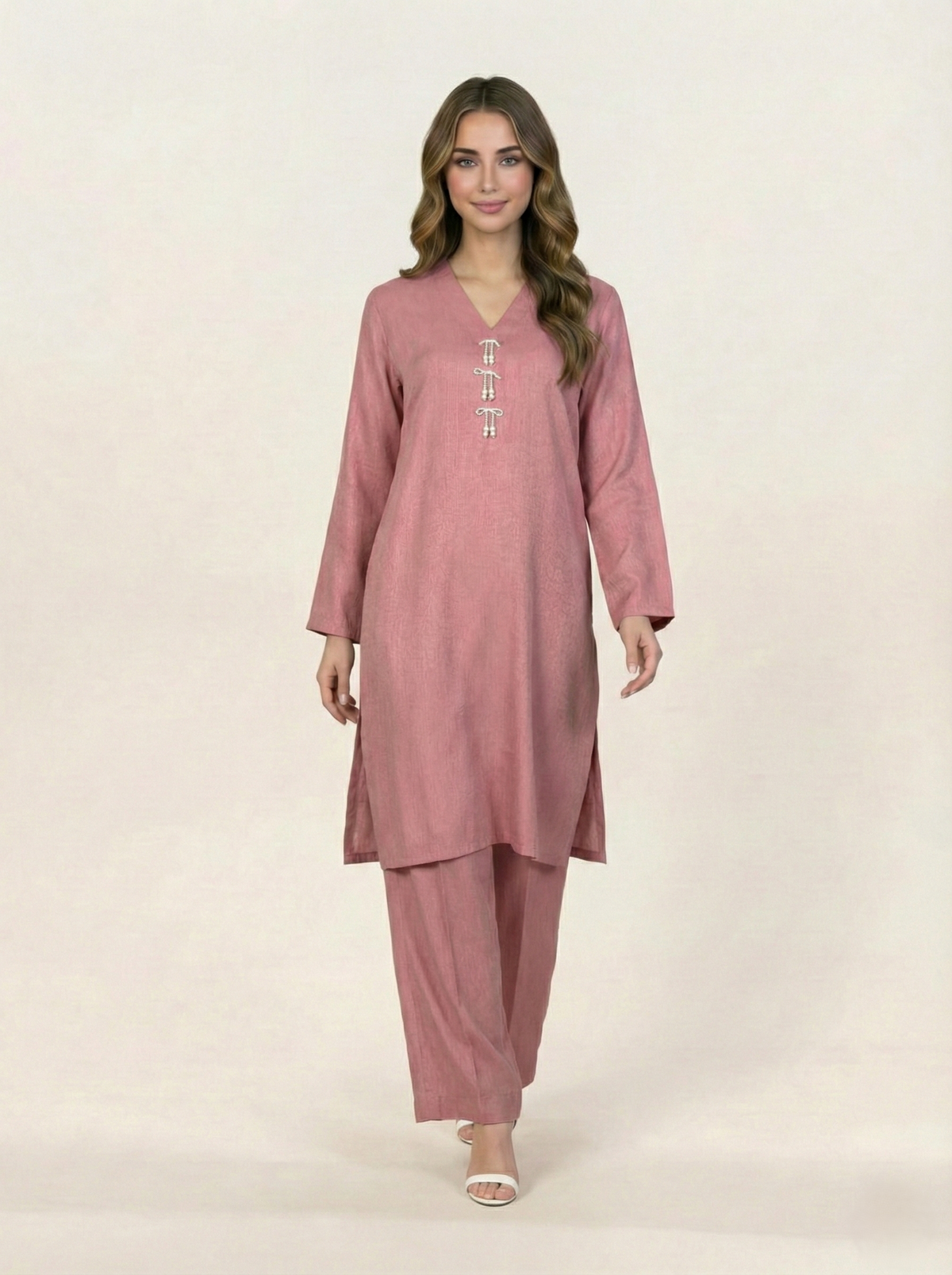 Solid Self Silk 2 Piece Suit Tea Pink