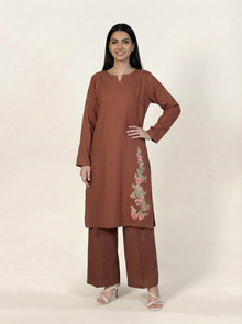 Linen Embroidered 2 Piece Suit Solid Rust