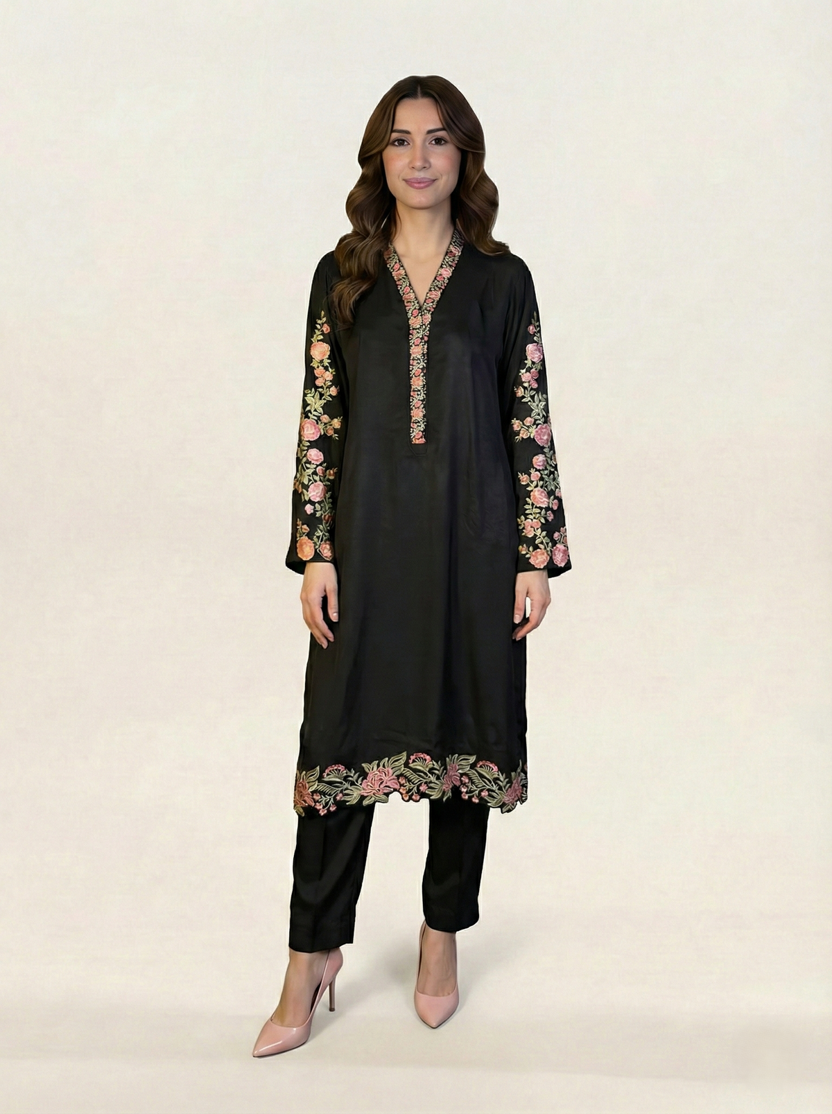 Embroidered Black Silk Suit (2-Piece)