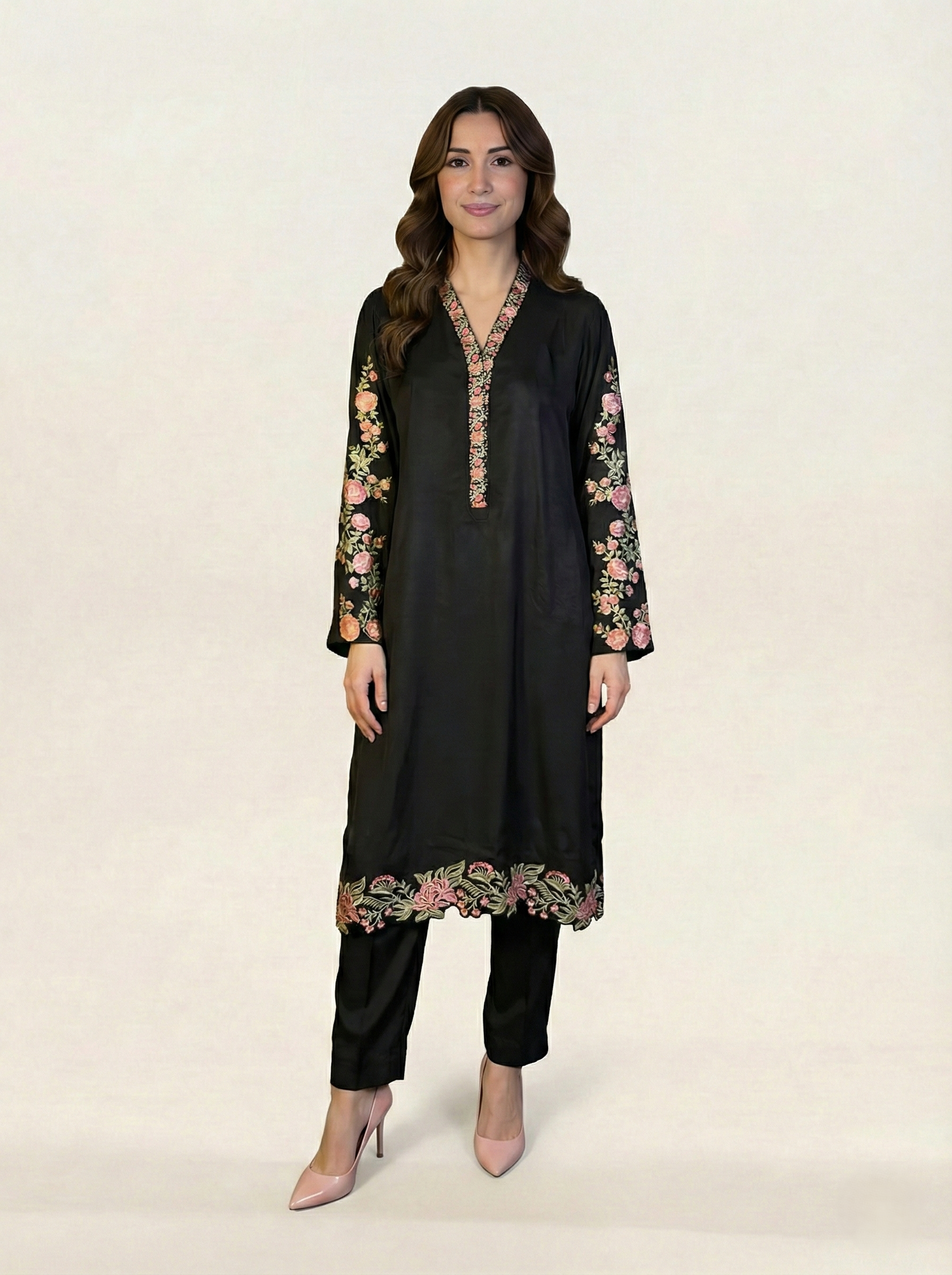 Embroidered Black Silk Suit (2-Piece)