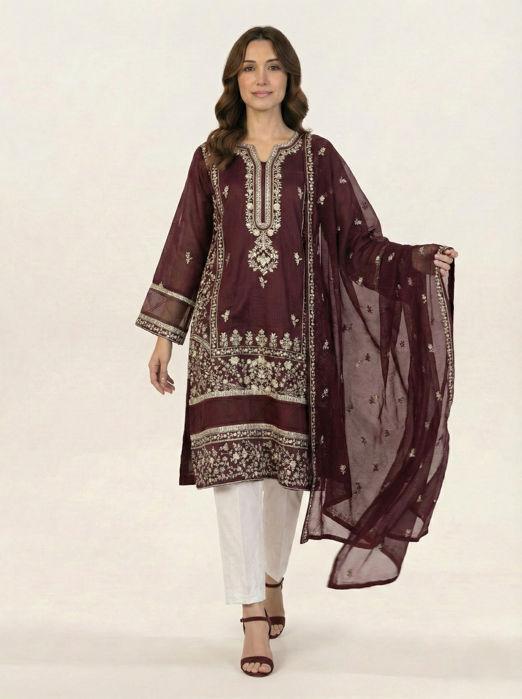 Embroidered Khaadi-Net Kurta and Dupatta Maroon