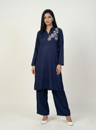 Embroidered Navy Blue Silk Suit (2-Piece)