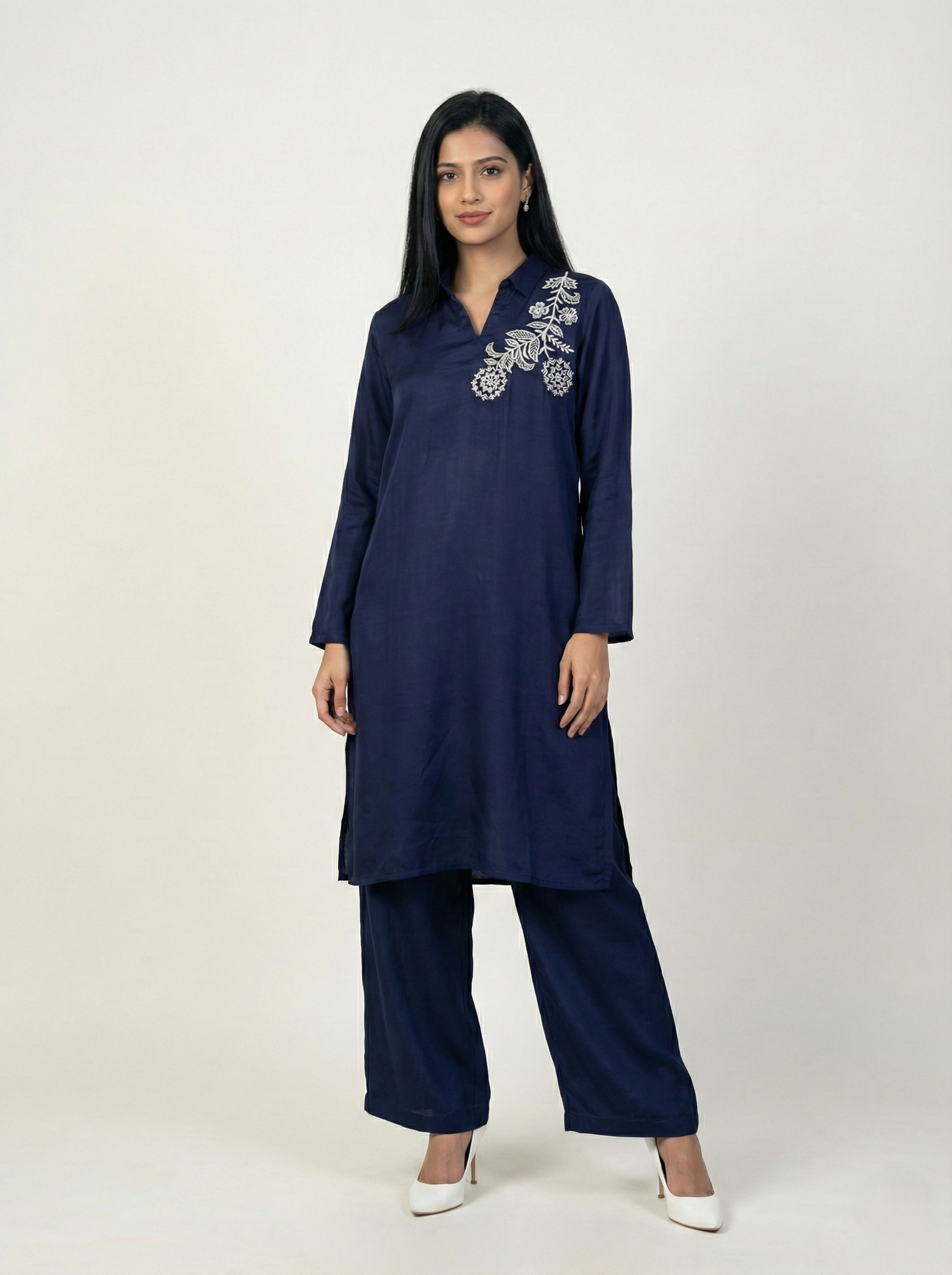 Embroidered Navy Blue Silk Suit (2-Piece)