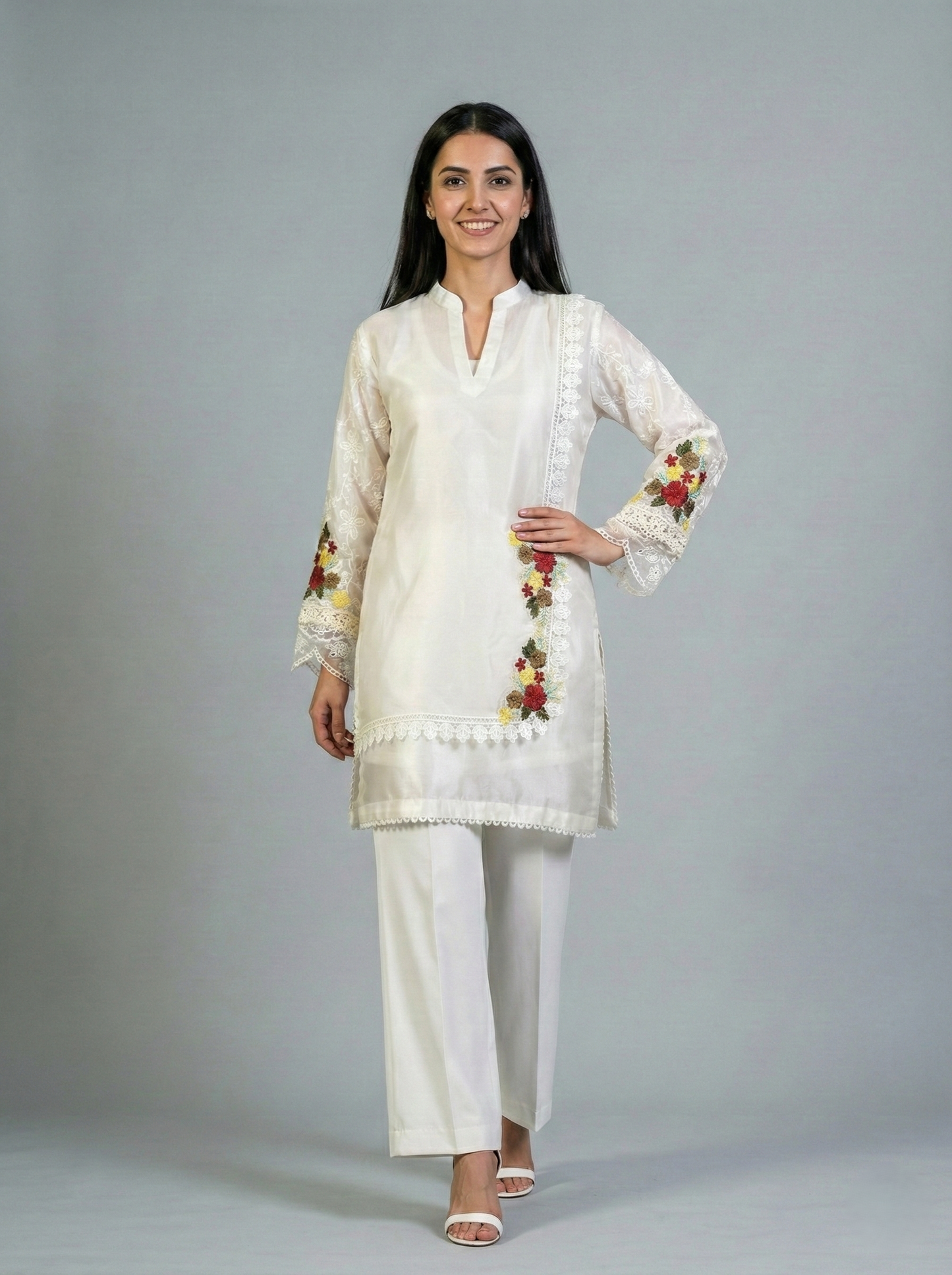 Embroidered Off-White Sheesha Silk Shirt