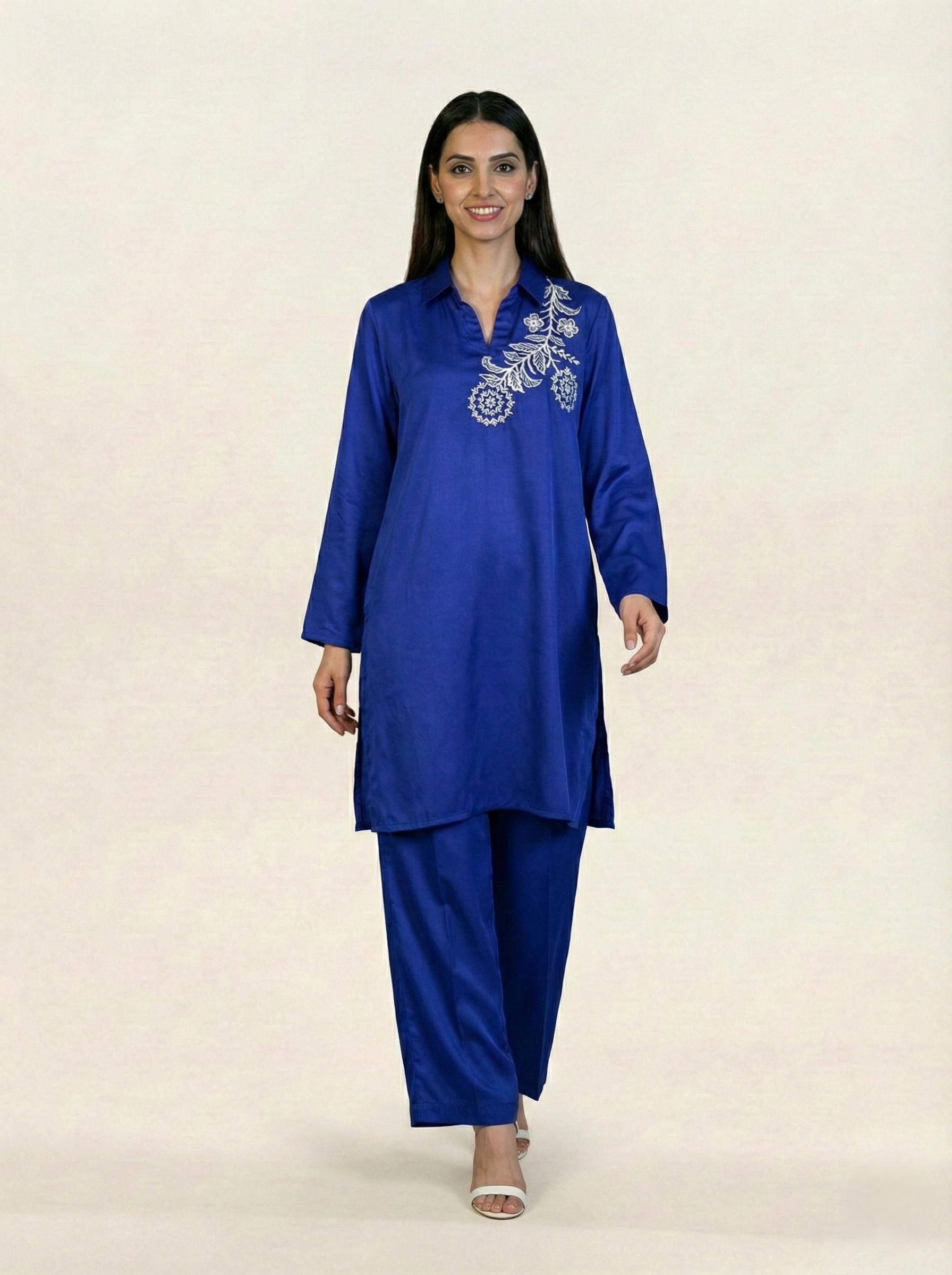 Embroidered Royal Blue Silk Suit (2-Piece)