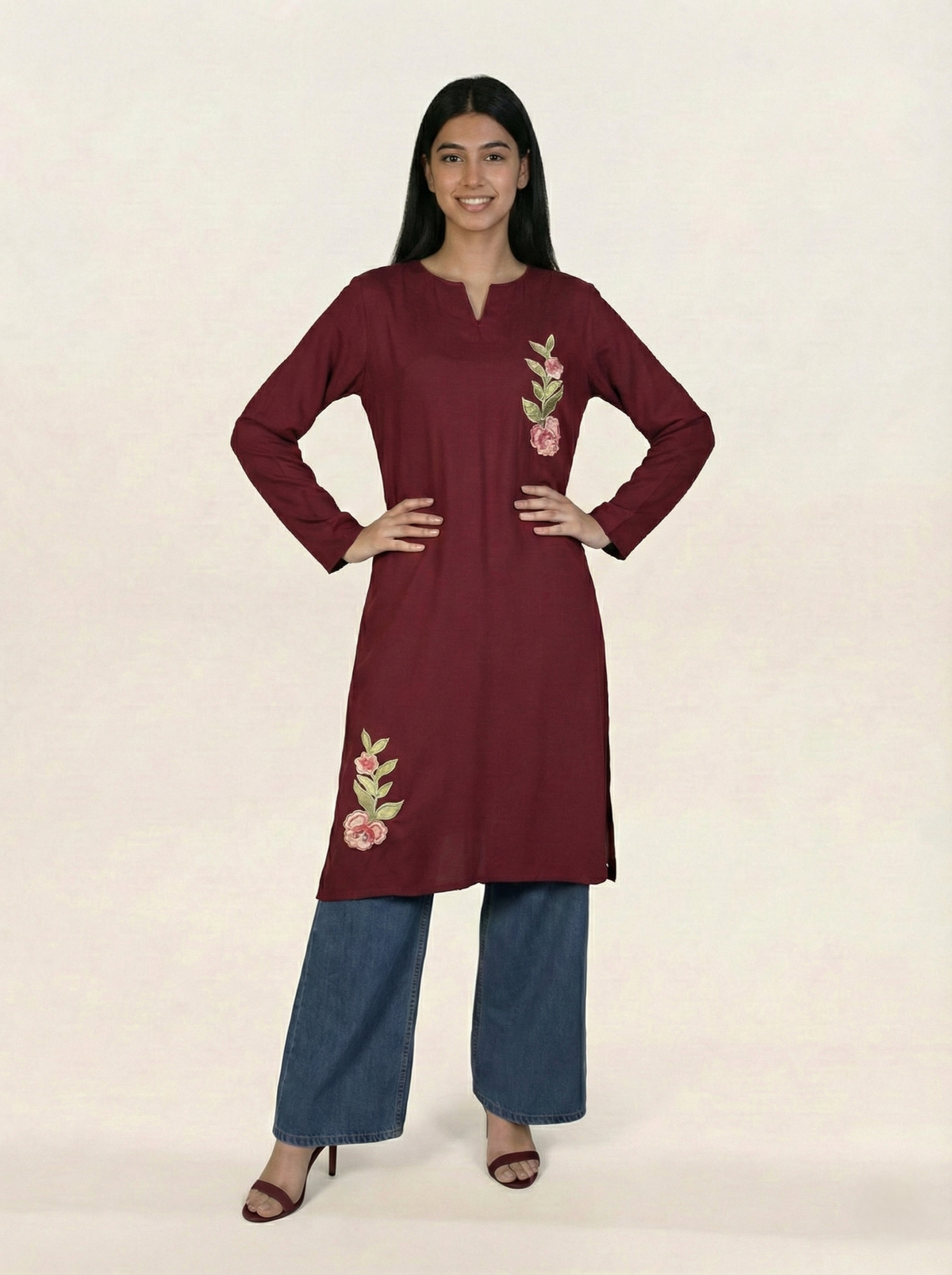 Embroidered Linen Red Kurti
